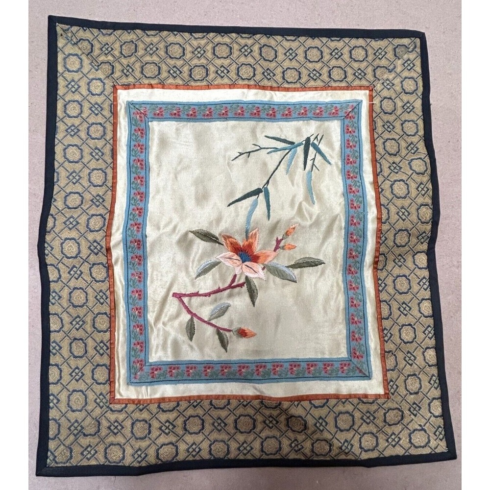 Vintage Chinese Hand Embroidered Silk Panel Delicate Flowers‎ and Bamboo